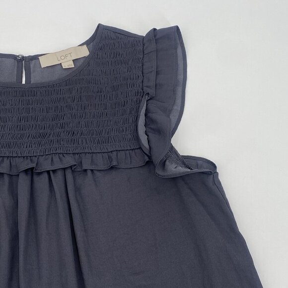 LOFT  Size M Gray Satin Sleeveless Smocked Ruffled Front Blouse - Picture 9 of 11